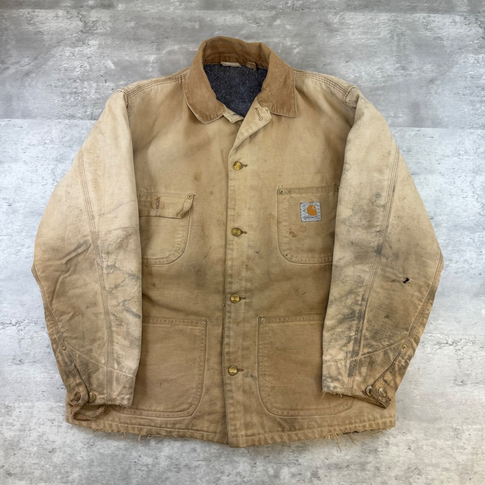 Vintage Carhartt Chore Coat Tan Duck Canvas Blanket Lined Distressed Work Jacket